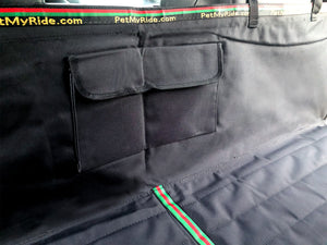 enlarged image of the pocket of the black car seat cover for suv with sign petmyride