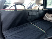 Load image into Gallery viewer, front part of black hammock car seat cover for dogs for sedan with sign petmyride